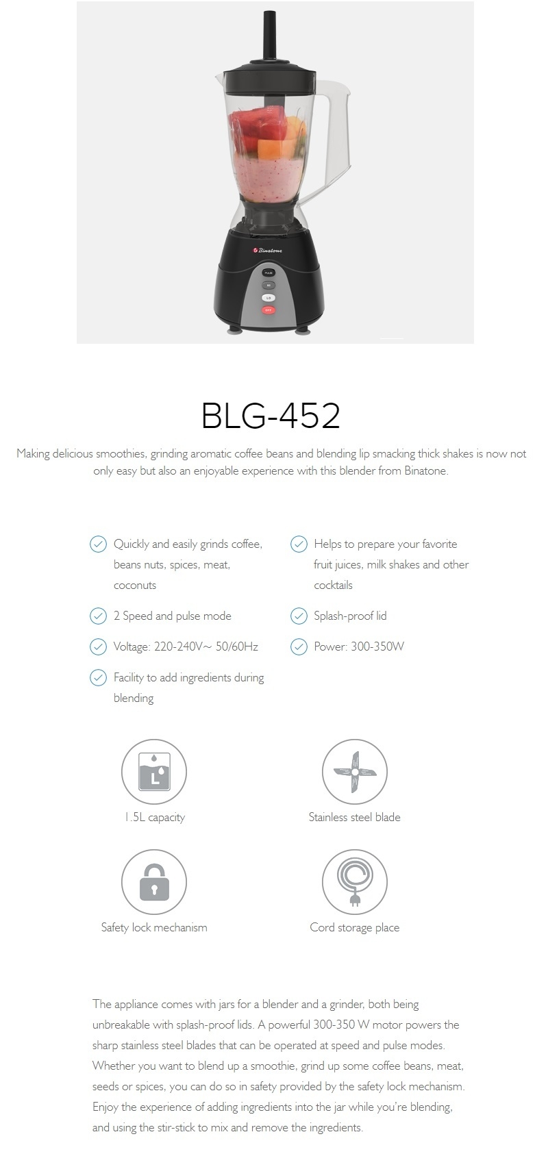 Binatone 1.5 Litre Blender with Grinder BLG-452