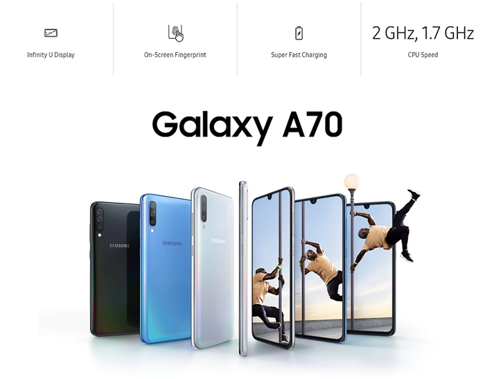 Samsung Galaxy A70 6.7-Inch AMOLED (6GB, 128GB ROM) Android 9.0 Pie, 32MP + 32MP Dual SIM 4G Fingerprint Smartphone - Blue (JA19)