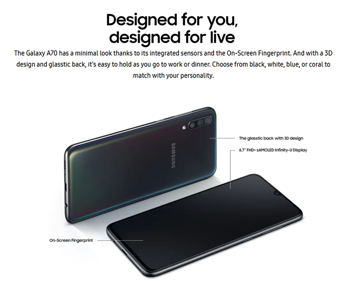 Samsung Galaxy A70 6.7-Inch AMOLED (6GB, 128GB ROM) Android 9.0 Pie, 32MP + 32MP Dual SIM 4G Fingerprint Smartphone - Blue (JA19)